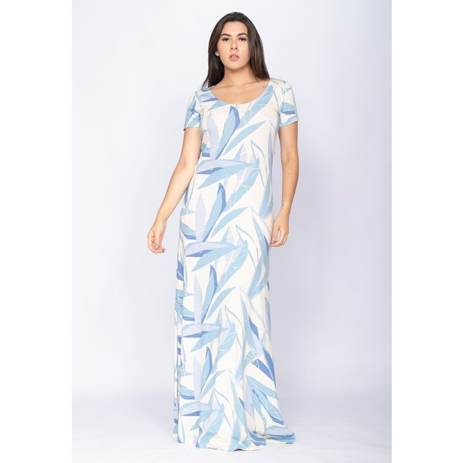 Vestido CabanaFree Longo Malha Gola Canoa Manga Curta Estampa Selvagem Blue