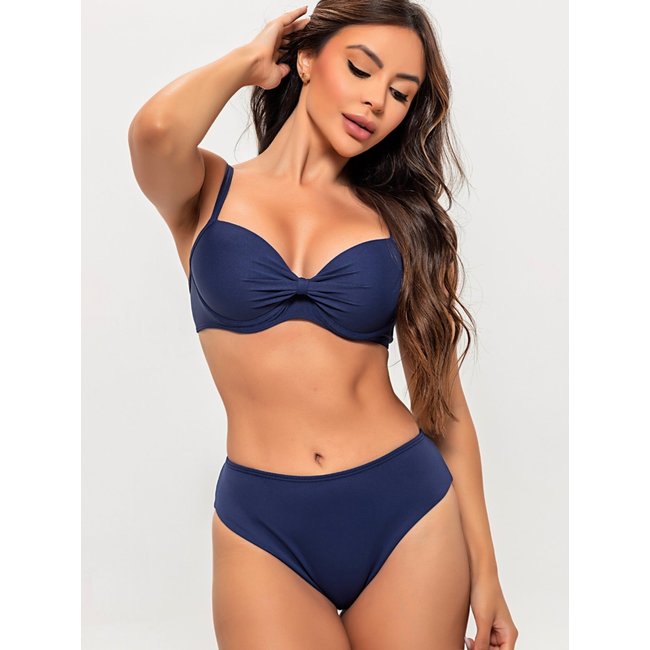 Biquíni Feminino Orla da Praia Com Bojo Meia Taça e Calcinha Cintura Média Azul Marinho