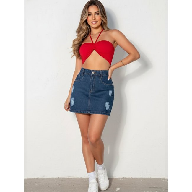 Mini Saia Jeans Azul Escura Detalhes Destroyed Tendencia Blogueira