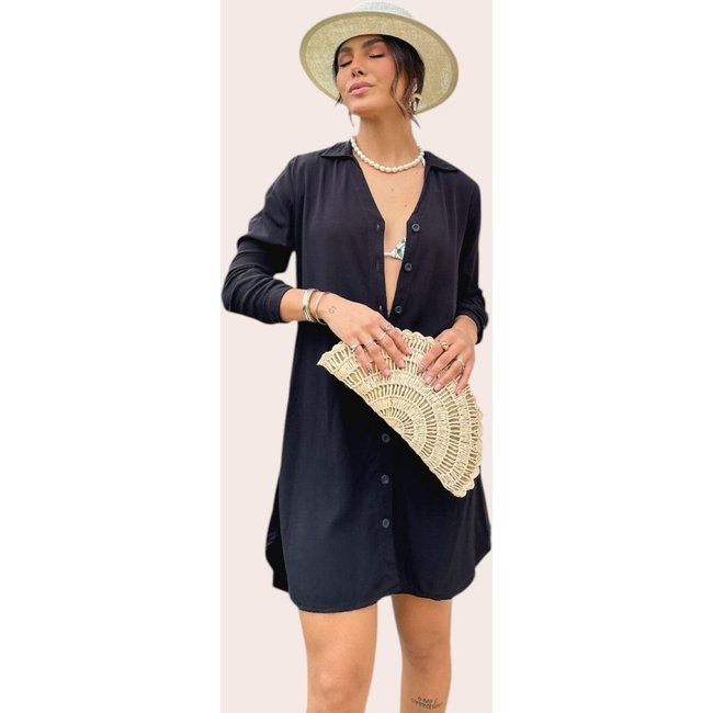 Vestido Chemise Praia Ícone Fashion Manga Longa Preta