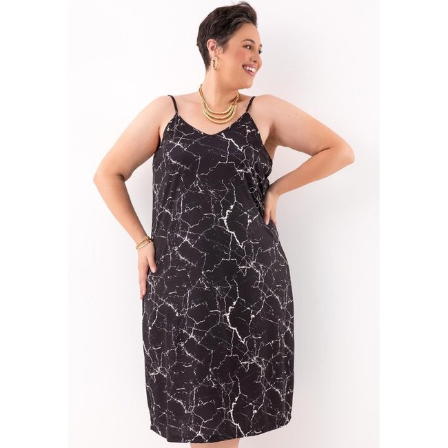 Vestido Em Jersey Acetinado Abstrato Preto Marguerite