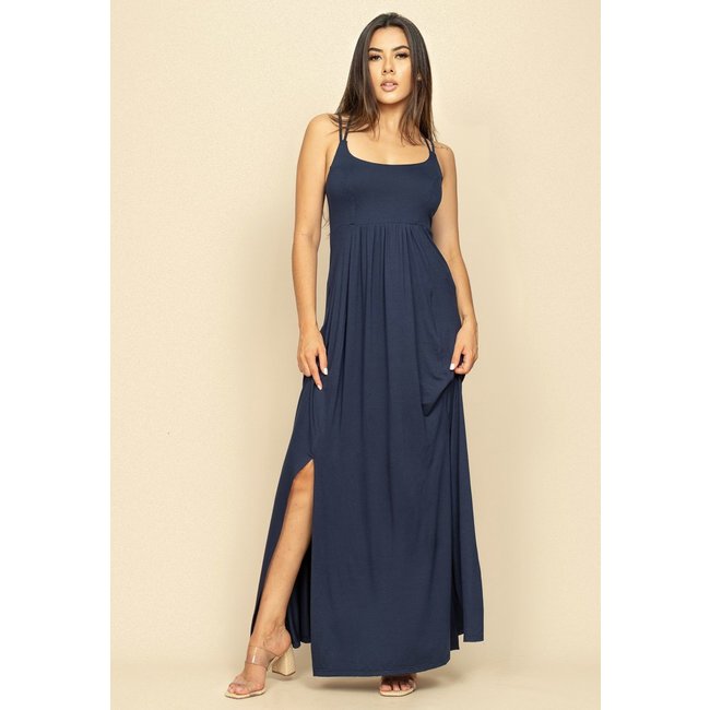 Vestido Longo Jambo Malha Aberturas Azul Marinho