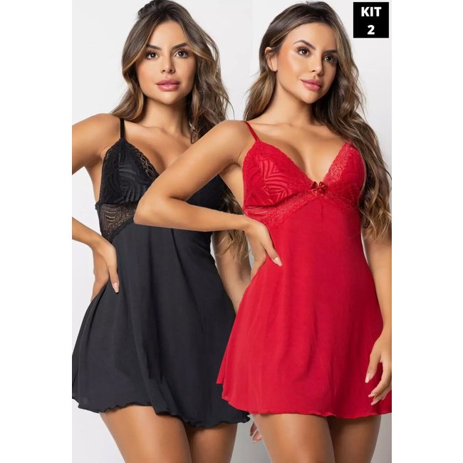 Kit 2 Camisola Renda Transparência Dormir Alcinha Pijama Sexy Mood Modas 290 Vermelho e Preto