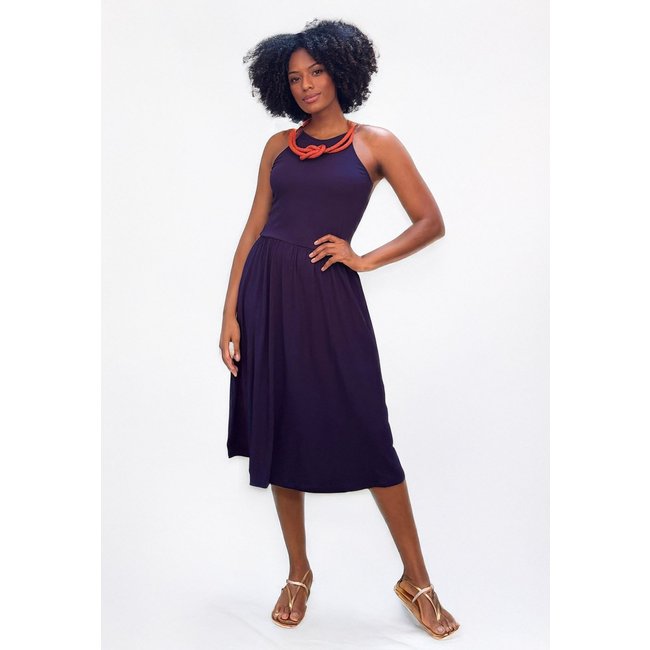 Vestido Midi Jennifer Malha Trapézio com Bolso Azul Marinho