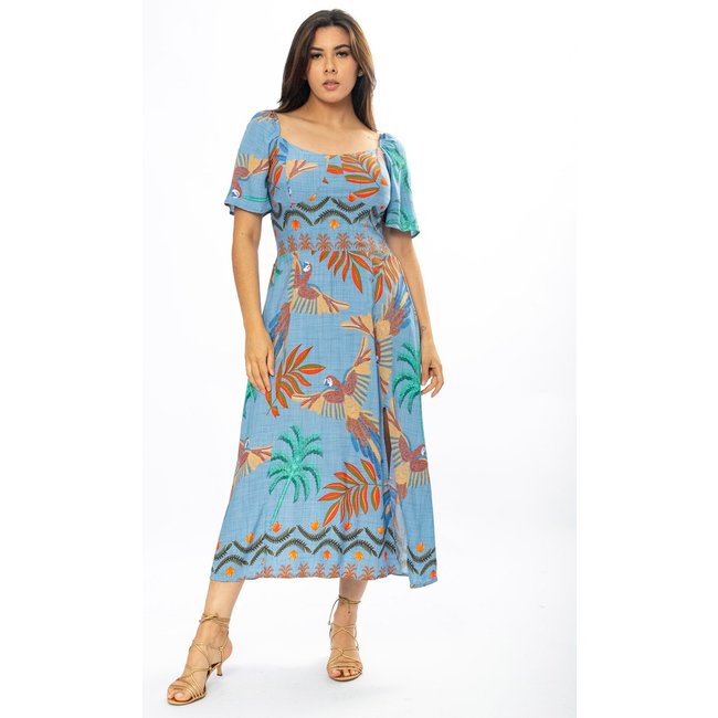 Vestido Midi Amazônia Vital com Manga Estampa Araras do Caribe