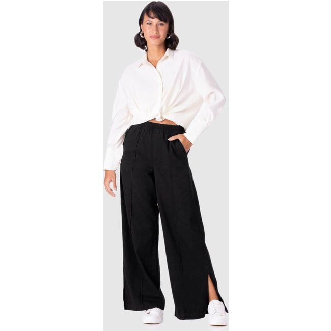 Calça Wide Leg Feminina Fenda Lateral Em Sarja 100% Algodão