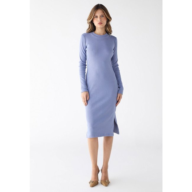 Vestido Midi Manga Longa Levosch Fendas Laterais Azul Serenity