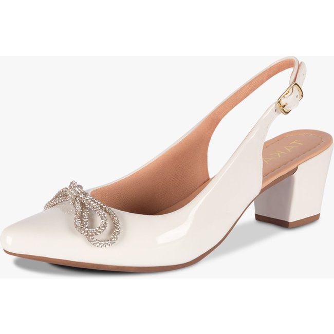 Scarpin Slingback Bico Fino Laço Strass Salto Bloco Baixo Branco