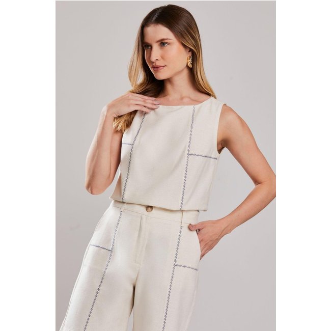 Blusa Regata Bordada Azul Crú