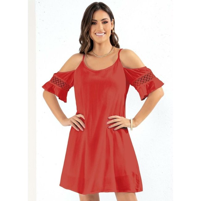 Vestido Ombros Vazados Renda Vermelho Quintess
