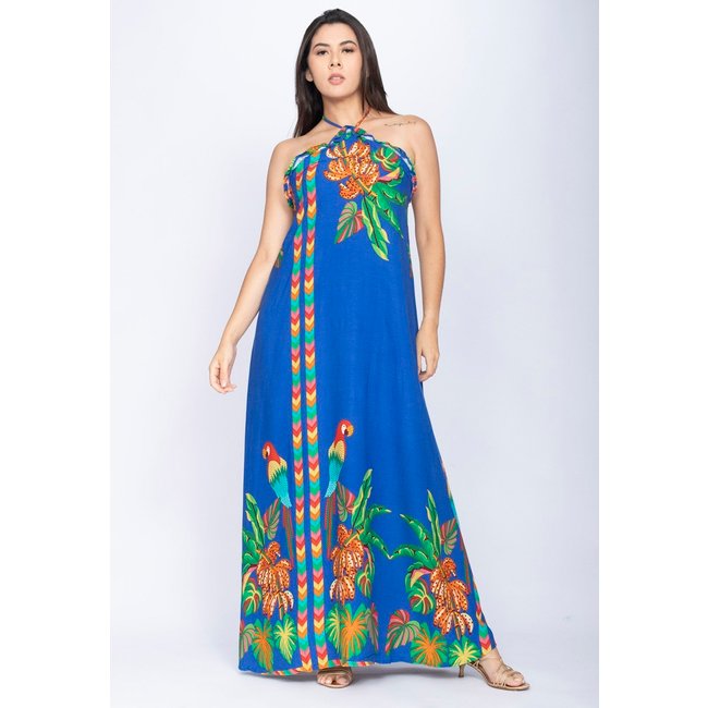 Vestido Amazônia Vital Trapézio Longo Estampa Ararê Blue