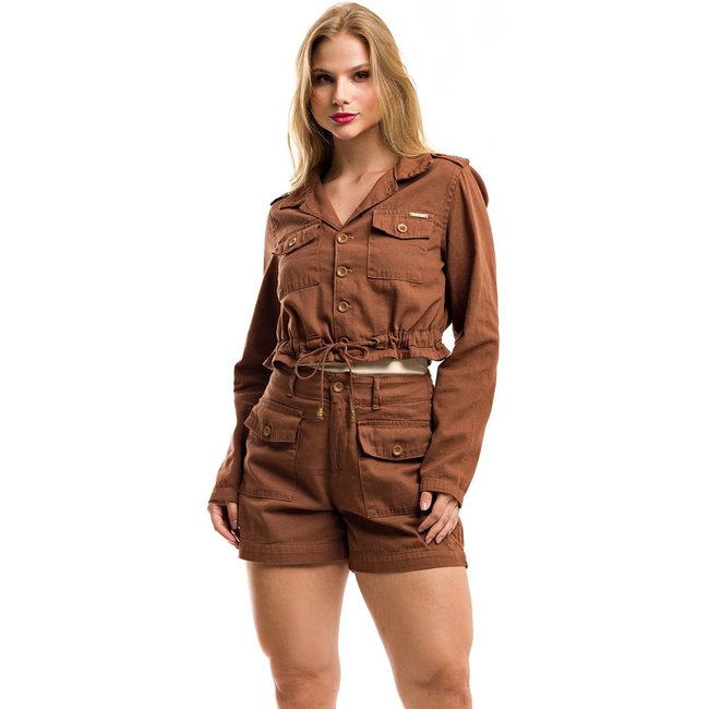 Conjunto Restrito Jeans Jaqueta e Short de Linho com Botões - Marrom