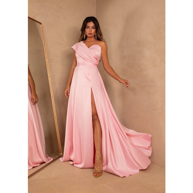 Vestido Longo de Festa Madrinhas um Ombro com Fenda Premium Dodeny Cia Do Vestido Rosa