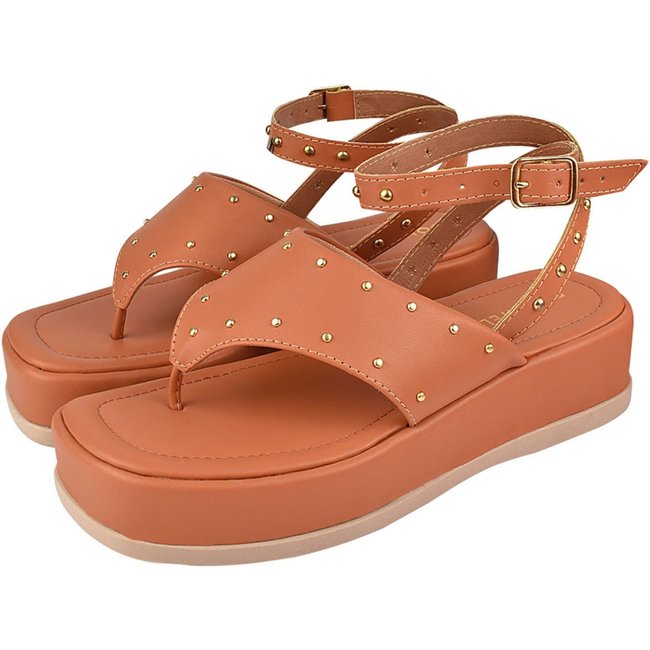 Sandália Plataforma Feminina Chinelo Donatella Shoes Macio Confortável Flatform Hotfix Rebite Spike Caramelo