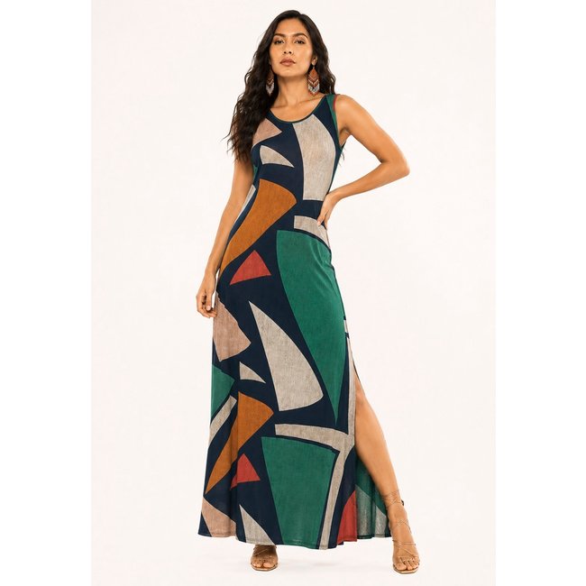 Vestido Longo Amazônia Vital Butiá Malha Regata Estampa Geometrias do Tempo
