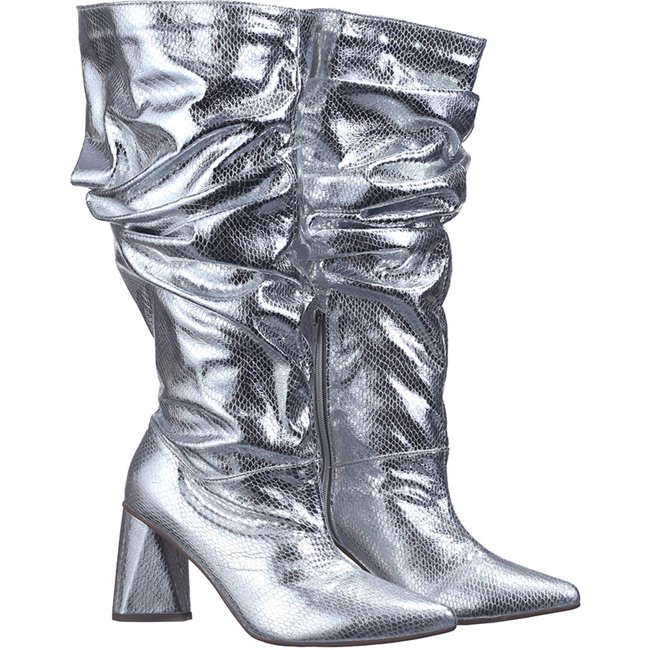 Bota Feminina Slouchy Salto Médio Triangular Cristal Prata