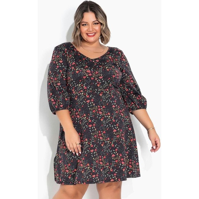 Vestido Evasê Plus Size Floral Preto Marguerite