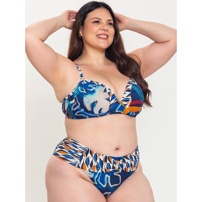 Biquíni Composê Plus Size Orla da Praia com Bojo Meia Taça e Aro Elegante Estampado Azul e Laranja