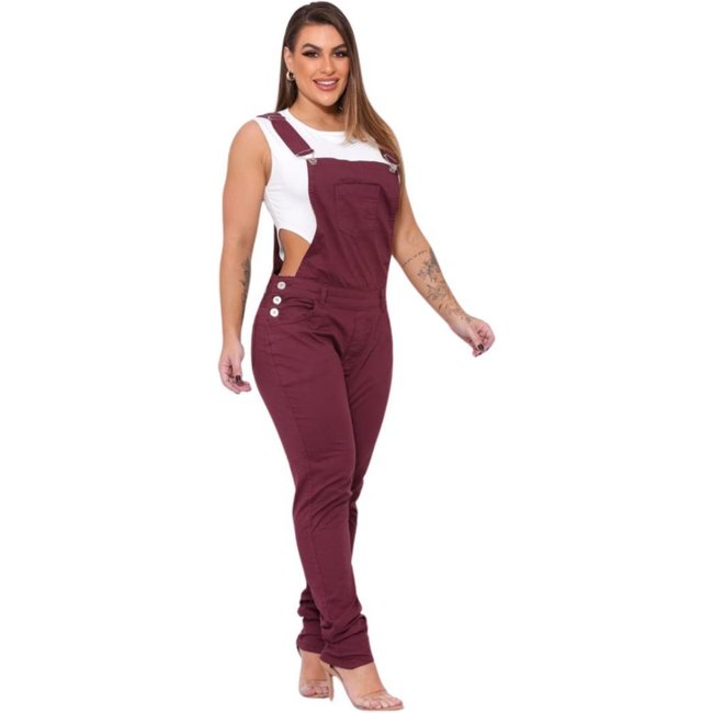 Macacão Feminino Jeans Light Jardineira Vinho