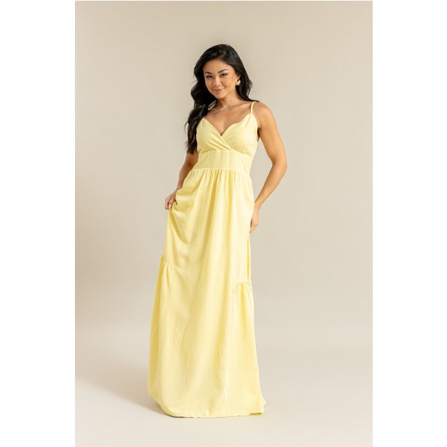 Vestido Longo em Linho Alças Finas Amarelo Lemier Collection