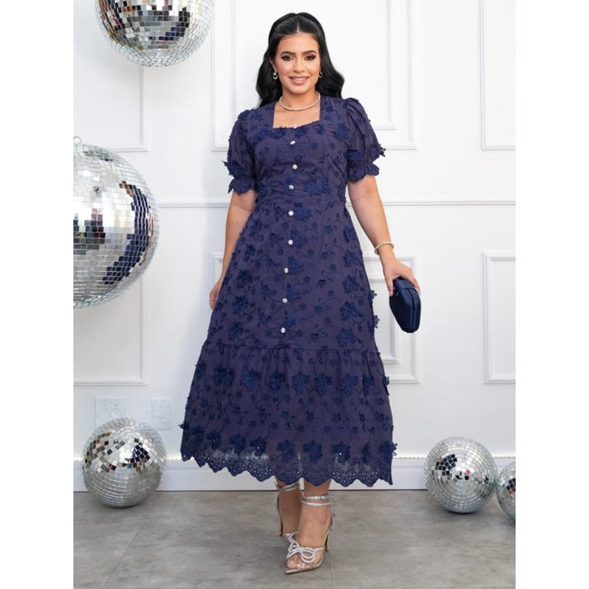 Vestido Elegante Manga Princesa Longo Rodado de Festa Casamento Convidada Algodão Bordado Azul Marinho