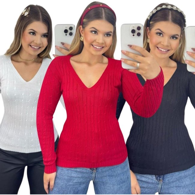 Kit 3 Blusas FMF Femininas Suéter Malha Tricô Manga Longa