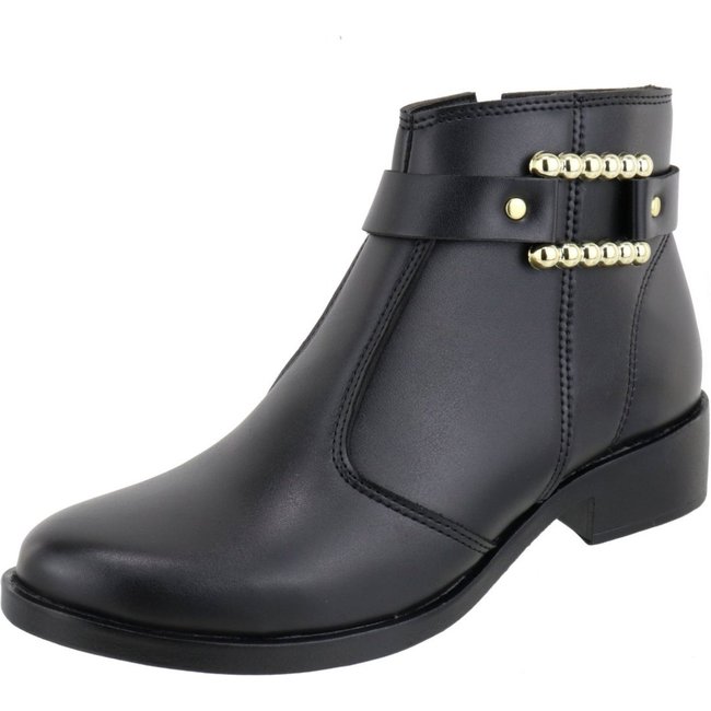 Bota Cano Baixo Detalhe Dourado Calce Facil Basica Confortavel Macia Agnes Veronez Preta