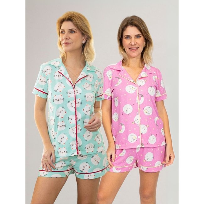 KIT Pijama Americano Curto Gatinhos Verde + Pijama Americano Curto Lua Rosa
