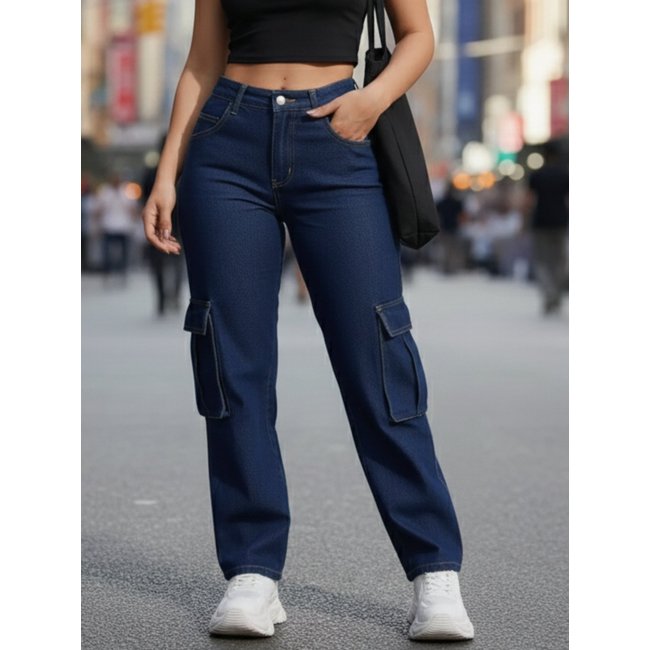 Calça Widleg Cargo Avec Feminina Escura Básica e Confortável