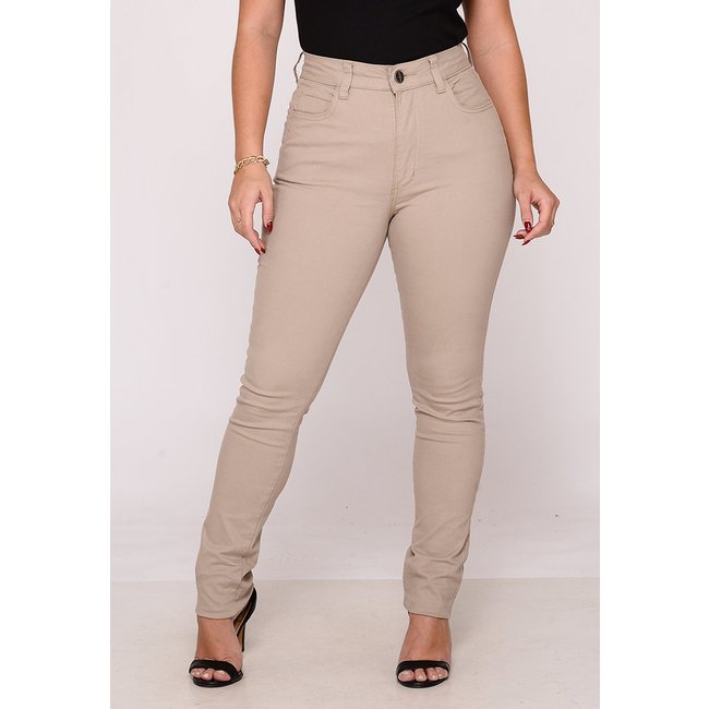 Calça Sarja Feminina Macaw Skinny Conforto Elastano Cintura Alta Caqui