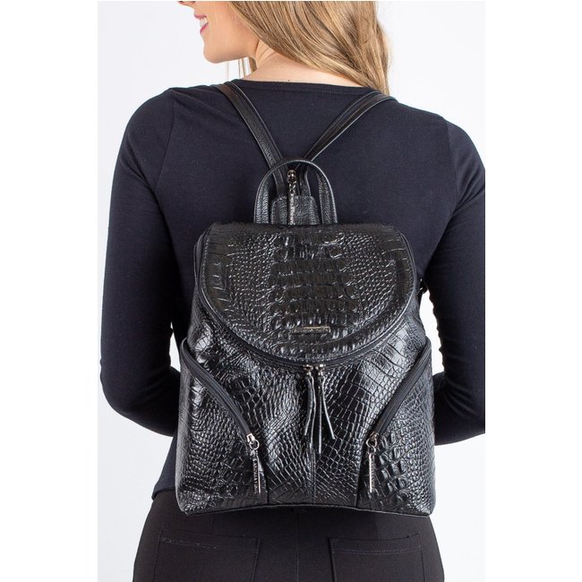 Mochila pequena de couro croco metais grafite Cecília - Preto