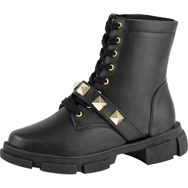 Bota Coturno Tratorada Lumiss Spike Pirâmide Plataforma Cano Curto Salto Baixo Preto