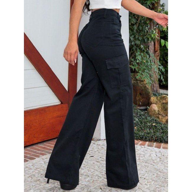 Calça Donna De Paula Cargo Preta Feminina Cintura Alta E Bolsos Laterais
