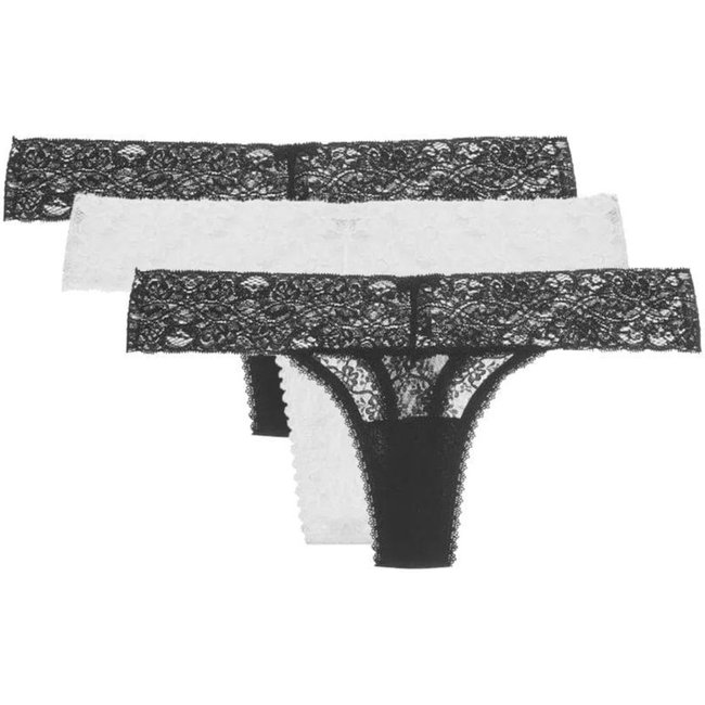 Kit 3 Calcinhas Fio Dental Sweet Lace Branco e Preto Loungerie