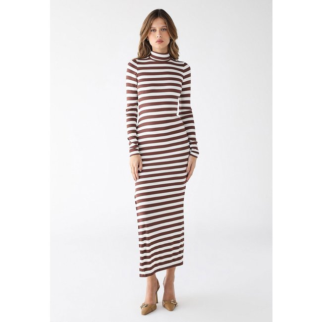 Vestido Longo Levosch Gola Alta Fenda Lateral Ribana Premium Listrado Marrom