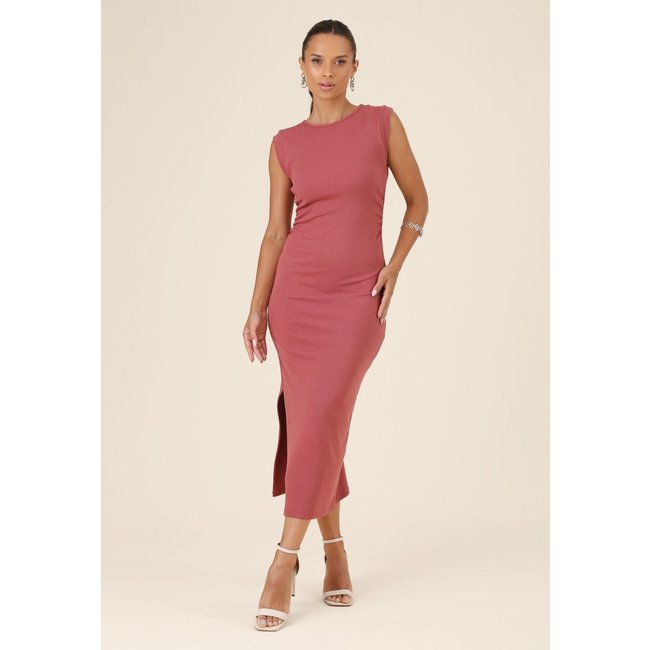 Vestido Midi Pop Me Em Malha Canelada Manga Muscle Tee Rosa Blush