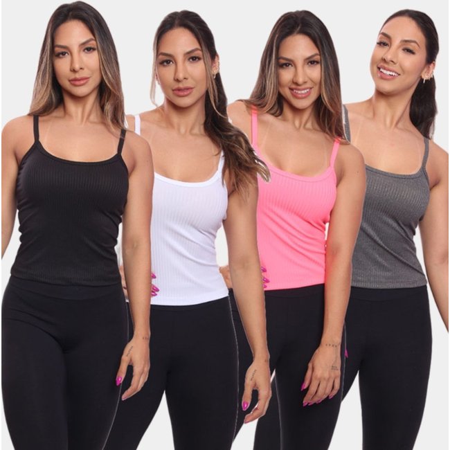 Kit 4 Regatas de Alcinha Canelada Feminina Lisa Blusa Blusinha Básica Treino Academia