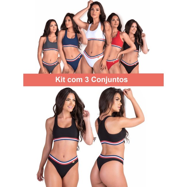 Kit 3 Conjunto Calcinha E Top Em Algodão Com Elástico Multicolorido