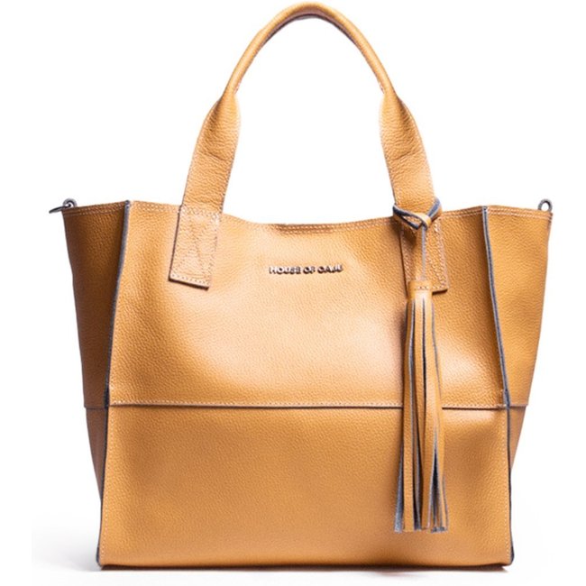 Bolsa Feminina Em Couro Alça De Mão Mostarda Com Azul "Lucíla Campos"""