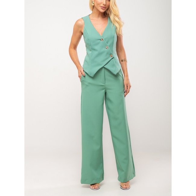 Conjunto Feminino Alfaiataria Elegante Calça e Colete com botões dourados Muy Linda Verde Menta