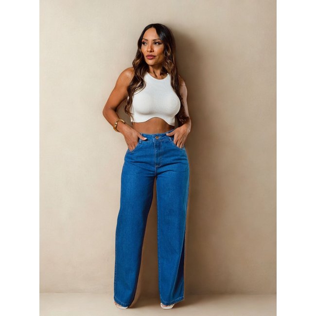 CalÇA Feminina Jeans Wide Leg Clara Cós Alto Casual Básica