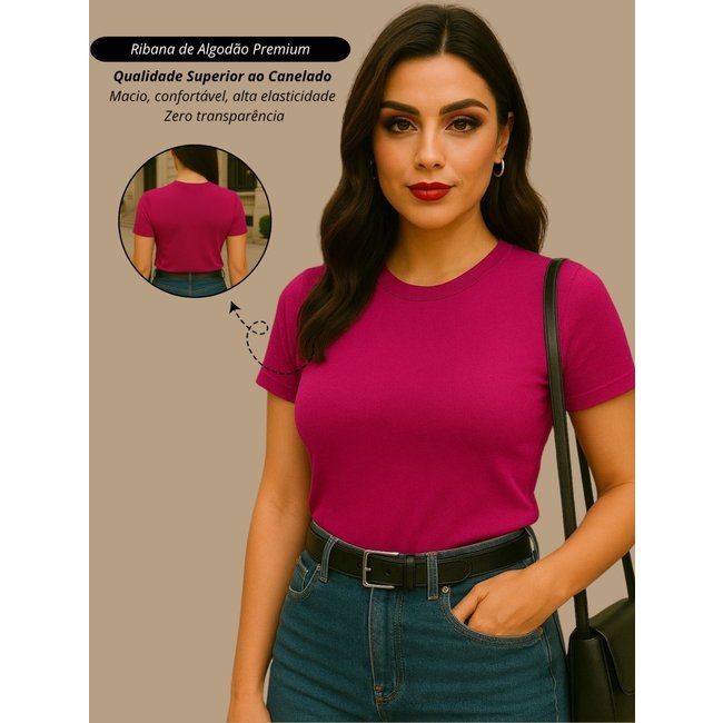 blusa feminina camiseta casual pink basica ribana canelado algodão premium