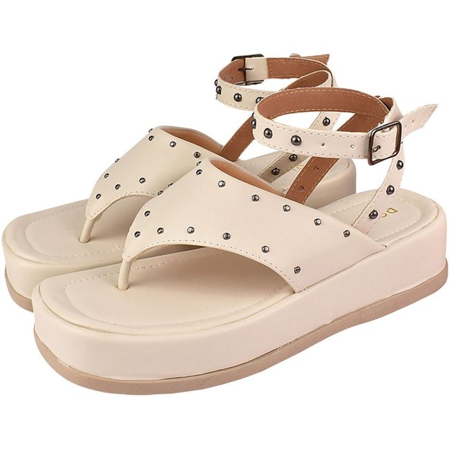 Sandália Plataforma Feminina Chinelo Donatella Shoes Macio Confortável Flatform Hotfix Rebite Spike Off White