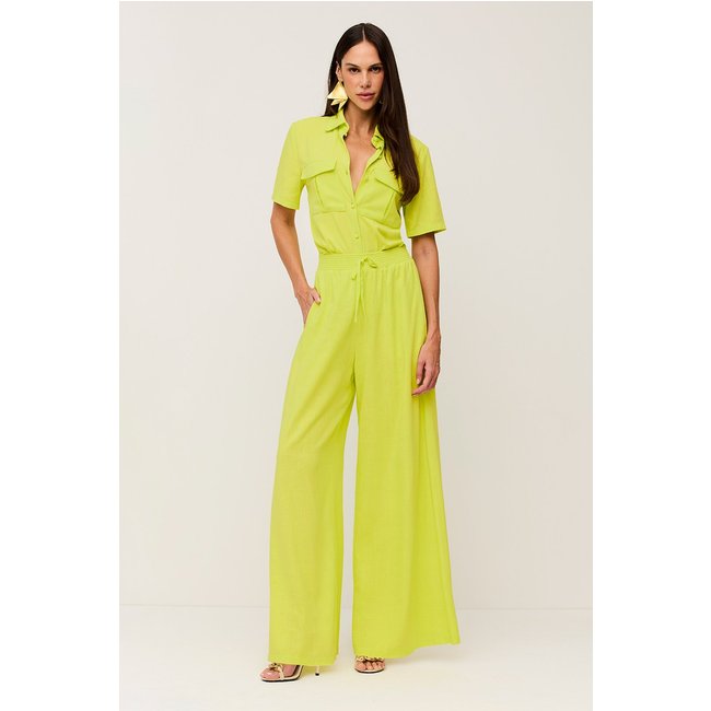 Calça Pantalona Lisa Com Cós Elástico Verde Citrus Charry