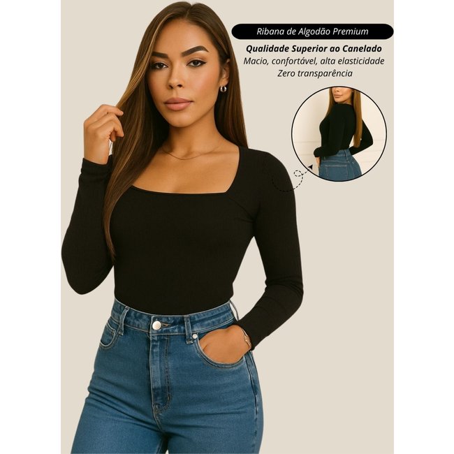 Blusa feminino cacharrel preto Garota Urbana Fashion Outono inverno casual diario basico ribana canelado algodão