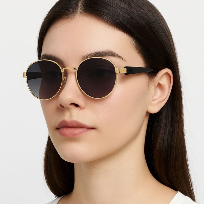 Óculos de Sol Redondo Dourado Lente Preta Premium