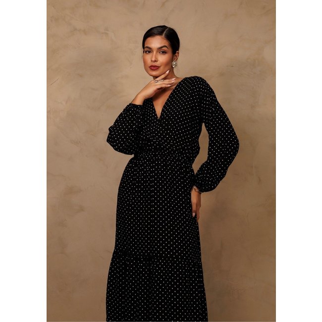 Vestido Longuete Transpasse Manga Longa Decote em V Estampado Preto