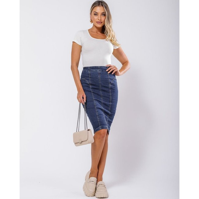 Saia Jeans Midi Feminina Cintura Alta Detalhe Recorte 23386 Escura Consciência
