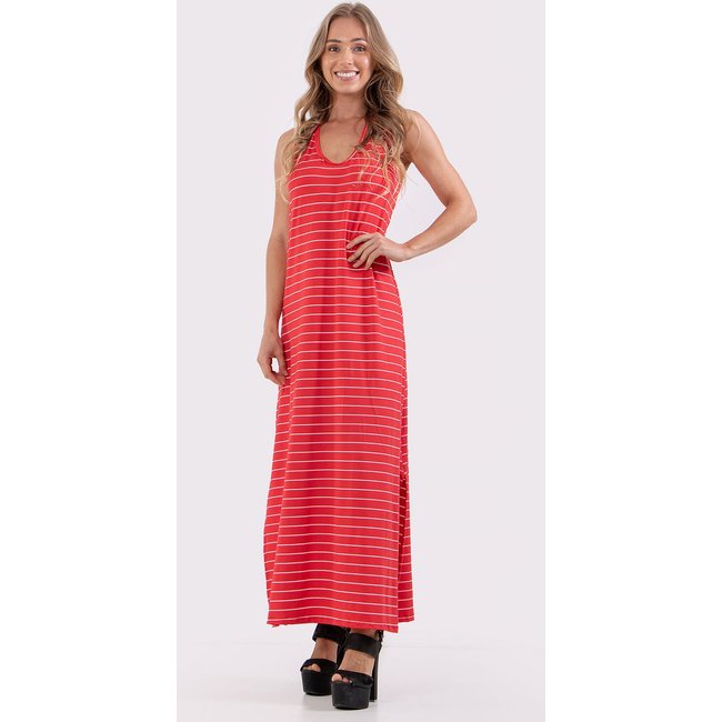 Vestido Longo 4 Estações Listrado Verão Vermelho