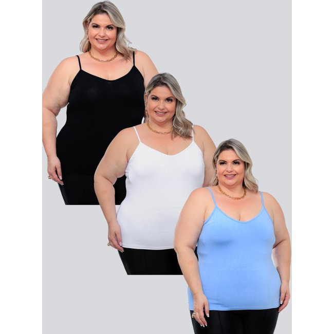 Kit 3 Peças Regata Plus Size Feminina Básica Viscolycra Alcinha Fina Leve estilo Casual GARAIS MODA moda Verão Preto Branco Azul